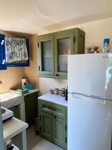 法纳里Tiny Big House的厨房配有绿色橱柜和白色冰箱