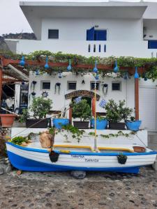 阿吉亚努美利Paralia guest house的停在有盆栽植物的建筑前的船只