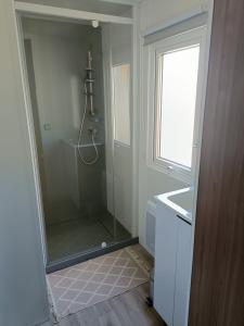 雷日卡普费雷mobil-home neuf 4-6 places camping Siblu les viviers的带淋浴、盥洗盆和镜子的浴室