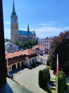 罗兹Pokój jednoosobowy z prywatną łazienką - Piotrkowska 262-264 pok 302的享有城市美景,设有一座大型建筑和一座教堂