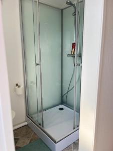 HjältebySea view chalet的浴室设有玻璃门淋浴