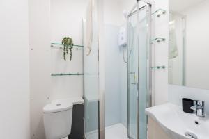 伦敦Large Studio Apartment 30 mins to Oxford Street (B)的带淋浴、卫生间和盥洗盆的浴室