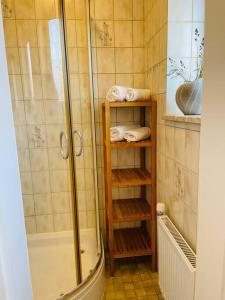 巴尔特鲁姆Düne 77 Moderne Ferienwohnung的带淋浴的浴室以及带毛巾的架子。