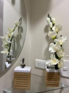 卡拉尔卡Apartamento cacique calarca的浴室设有镜子和花瓶