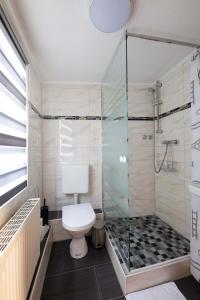 门登市政厅酒店的一间带卫生间和玻璃淋浴间的浴室