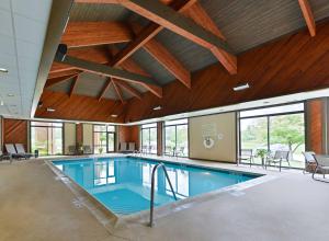 罗斯奇姆芝加哥-卡罗尔斯特林汉普顿酒店的一座大型游泳池,位于一栋带木制天花板的建筑内