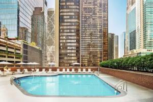 芝加哥Hilton Grand Vacations Club Chicago Magnificent Mile的一座位于城市的游泳池,有高大的建筑