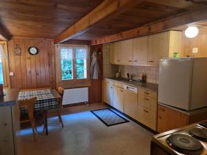 Guttannen古坦能伯尔尼高地公寓的厨房配有桌子和冰箱