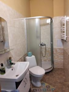 LyubintsyВілла Сади Єви的带淋浴、卫生间和盥洗盆的浴室