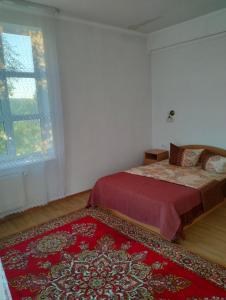 LyubintsyВілла Сади Єви的一间卧室配有一张床和红色地毯