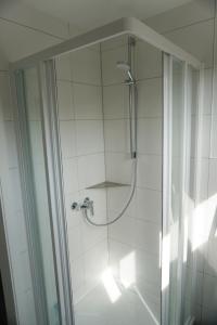 帕塞瓦尔克Wohnen im alten Standesamt的浴室里设有玻璃门淋浴