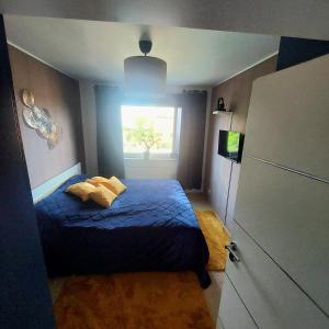 汉诺威拉特泽私人公寓的一间设有蓝色床和窗户的小卧室