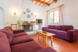 蓬塔普里马Villa Trepuco Dos的客厅配有2张紫色沙发和壁炉