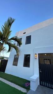 迈阿密Stanza Hearth of Miami Design District and Wynwood, Parking, Laundry, Workstation, Fully equipped Apts, 24/7 Guest support #2的一间白色的房子,有黑色的门和棕榈树