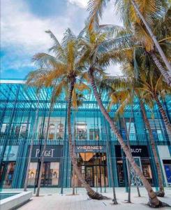 迈阿密Stanza Hearth of Miami Design District and Wynwood, Parking, Laundry, Workstation, Fully equipped Apts, 24/7 Guest support #2的购物中心前两棵棕榈树