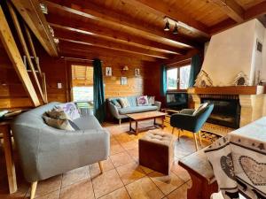 克松吕-隆日梅Chalet Baudelaire, 4* beau et authentique的带沙发和壁炉的客厅