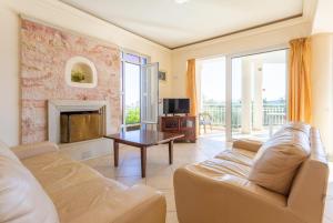 圣特里亚斯Villa Asimenia的带沙发和壁炉的客厅