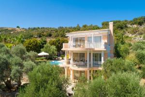 圣特里亚斯Villa Asimenia的享有带游泳池的房屋的空中景致