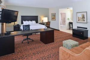 佩科斯佩科斯汉普顿酒店的酒店客房配有一张床和一张书桌及一台电视