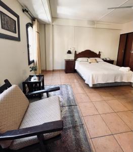 塔里哈Hotel Renacer Tarija的一间卧室配有一张床、一张沙发和椅子