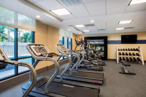 格尔夫海岸湾岸汉普顿酒店的一间健身房,里面设有一排跑步机和椭圆机