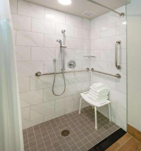 詹姆斯敦Doubletree By Hilton Jamestown, Ny的带淋浴的浴室和长凳
