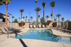 拉斯维加斯拉斯维加斯红岩/萨默林汉普顿假日及套房酒店的一个带椅子的游泳池,棕榈树