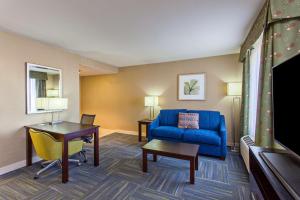 默塞德默塞德希尔顿恒庭套房酒店的客厅配有蓝色的沙发和桌子
