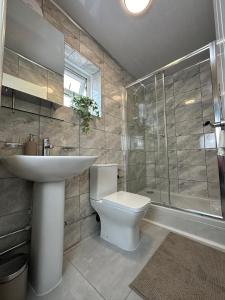 卡斯尔福德THE GLASS HOUGHTON APARTMENTS的浴室配有卫生间、盥洗盆和淋浴。