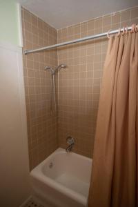 西棕榈滩Hotel Evernia的带淋浴、盥洗盆和浴缸的浴室
