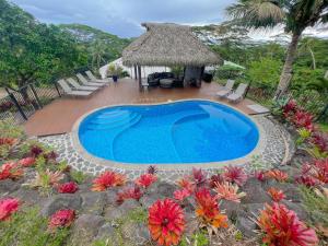 拉罗汤加Iro Luxury Retreat的一个带椅子和茅草伞的游泳池