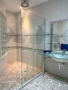 拉罗汤加Iro Luxury Retreat的一间带玻璃淋浴和水槽的浴室