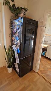 Lägenhet的厨房里配有带照片的黑色冰箱