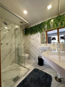 巴西利亚VISTA PARK SUL COBERTURA DUPLEX的一间带玻璃淋浴和水槽的浴室