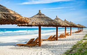 金兰Radisson Blu Resort Cam Ranh的海滩上一排草伞和椅子