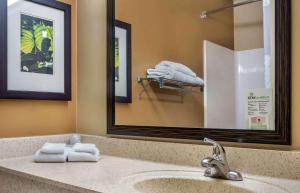 Merriam堪萨斯城 - 沙尼米逊美国延住公寓式酒店的浴室配有带镜子的盥洗盆和毛巾