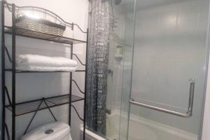 危地马拉Encantador y Panorámico Apartamento的浴室设有淋浴帘,位于厕所旁