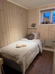 拉尔维克Tjodalyng - ved Viksfjord - sokkelleilighet的一间卧室设有一张床和一个窗口