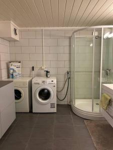 拉尔维克Tjodalyng - ved Viksfjord - sokkelleilighet的一间带洗衣机和洗衣机的浴室