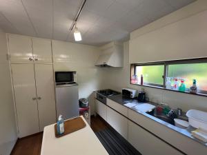 大岛田园之家度假屋的一间带水槽和冰箱的小厨房