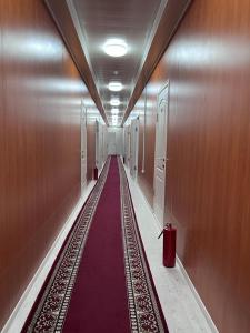 阿拉木图Bal-Meyir Hotel的大楼里长长的走廊,有红地毯