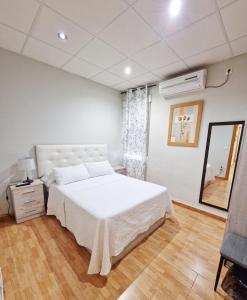科尔多瓦Hostal El Brillante - Alojamientos El Duque的卧室配有一张白色大床和镜子