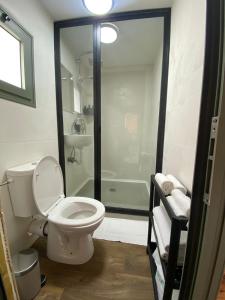 Dāliyat el KarmilT&S suite的一间带卫生间和玻璃淋浴间的浴室