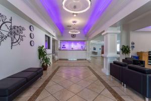 莱克兰莱克兰戴斯酒店的一个带沙发和紫色天花板的大堂