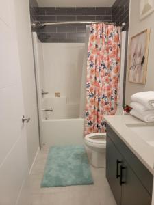 卡尔加里2-Bedroom Guest Suite的带淋浴帘和卫生间的浴室