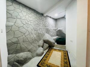 埃拉Dolape Villa的一间铺有地毯的石墙客房