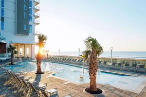 默特尔比奇Hilton Grand Vacations Club Ocean Enclave Myrtle Beach的海滩旁的棕榈树游泳池