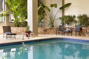 俄克拉何马城Embassy Suites by Hilton Oklahoma City Will Rogers Airport的一座带椅子和植物的游泳池