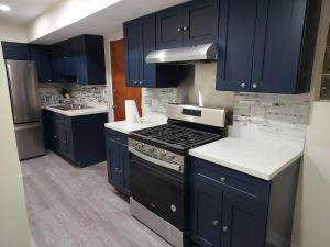 芝加哥Casa Cerca De La Playa的厨房配有蓝色橱柜、炉灶和水槽。