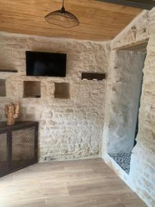 Saint-SavinienLe petit lodge cosy的带石墙的客房配有电视和壁炉。